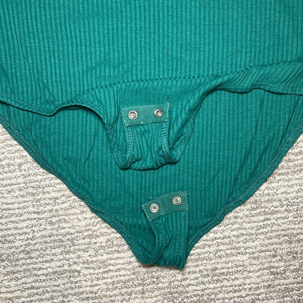 BP. Ruffle Strap Ribbed Bodysuit - Green Alpine (M) - Picture 9 of 11
